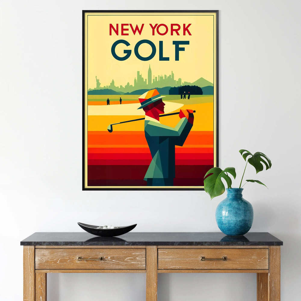 A golf scene featuring iconic New York courses with green fairways and blue skies