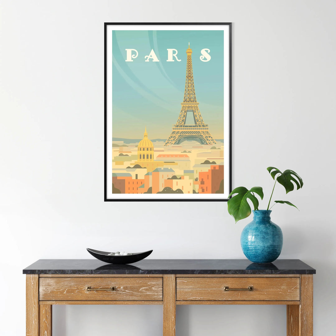 A vintage-style travel poster featuring the Eiffel Tower in muted brown and gray tones - in a black frame