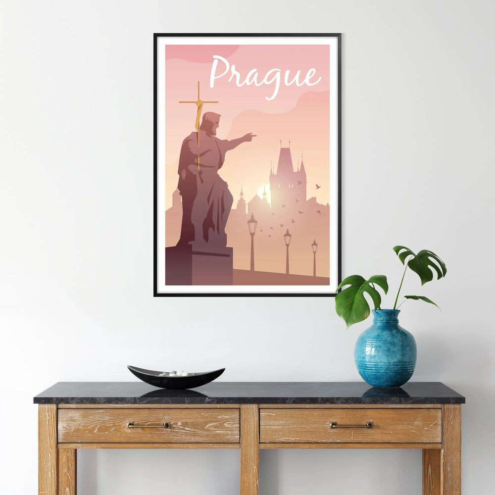 A detailed illustration of Prague's skyline featuring historic architecture in muted brown and gray tones