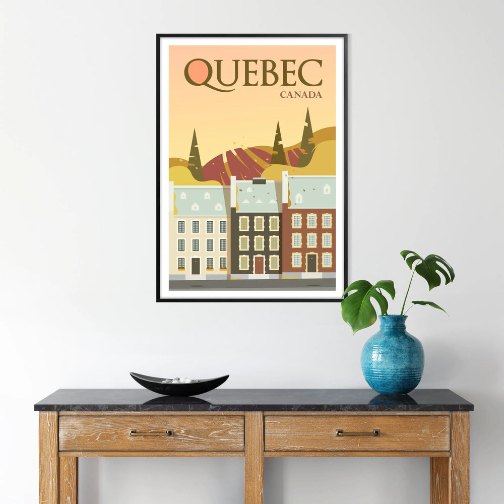 A serene landscape of Quebec featuring gray skies and green foliage