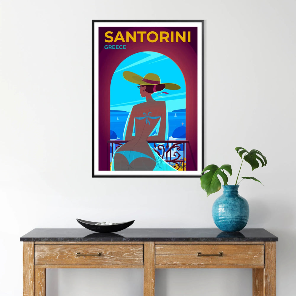 A colorful travel poster featuring Santorini, Greece, with blue domes and white buildings.