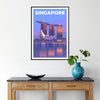 A travel poster featuring Singapore's skyline in red and gray tones - in a black frame