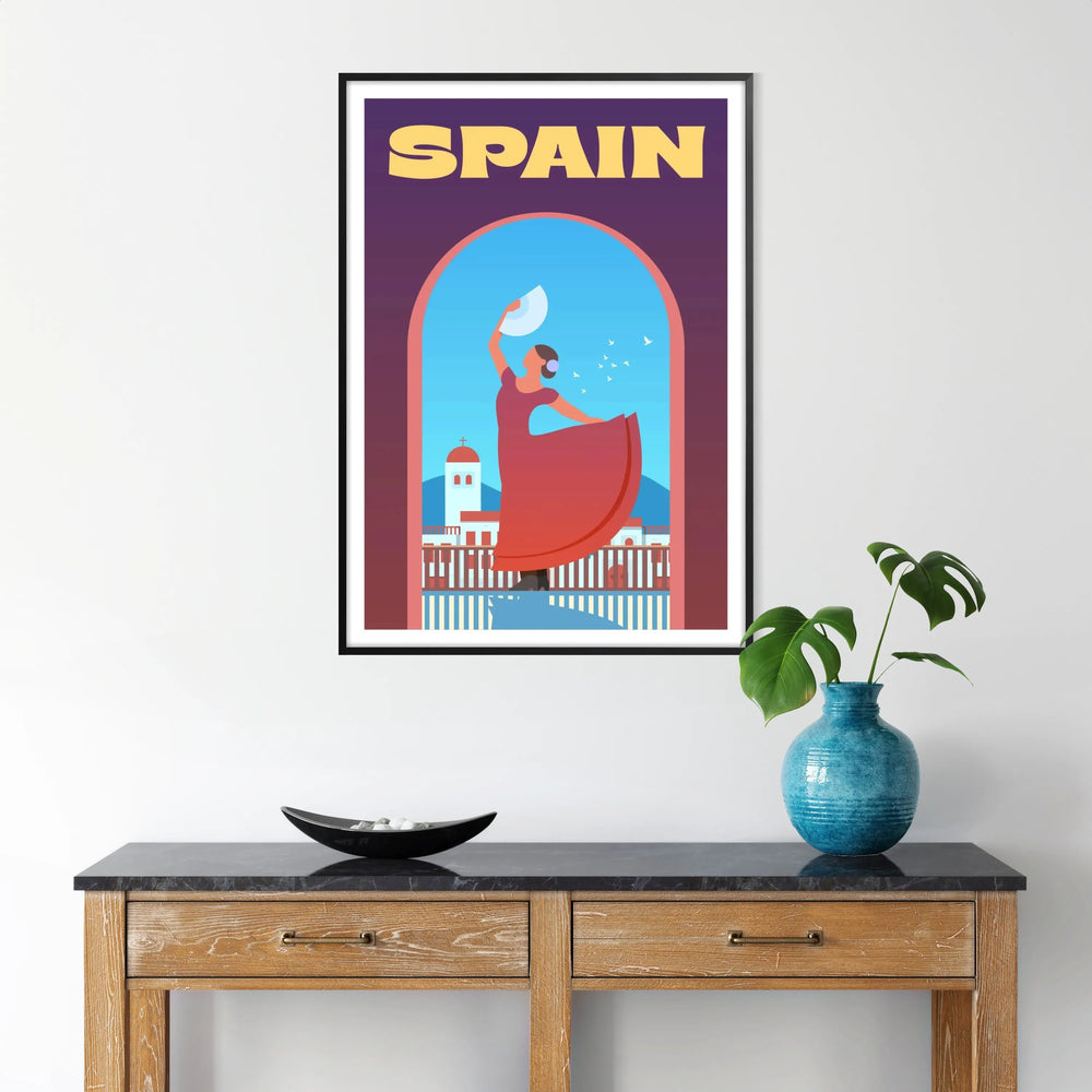 Abstract depiction of Spain with purple and blue hues