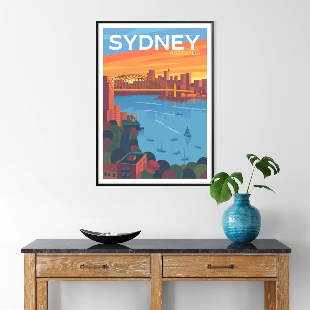 Stylized depiction of Sydney's skyline in shades of gray and blue - in a black frame