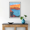 Stylized depiction of Sydney's skyline in shades of gray and blue - in a black frame