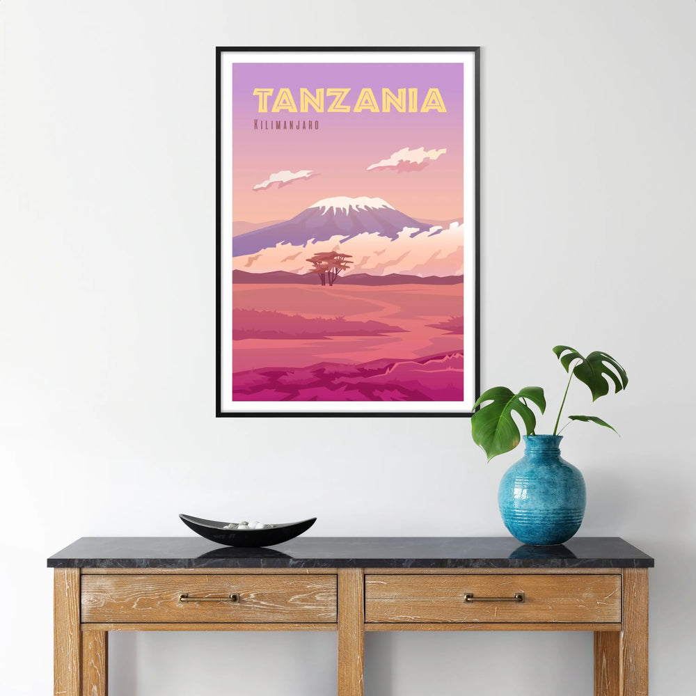 Illustration of Tanzania with rich brown and purple tones