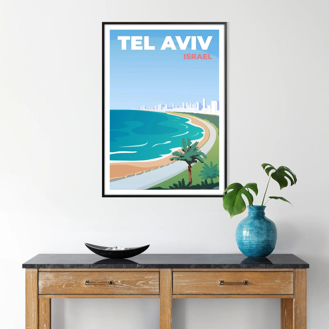 Rappresentazione stilizzata dello skyline di Tel Aviv in tonalità di grigio e blu - in una cornice nera