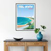 Rappresentazione stilizzata dello skyline di Tel Aviv in tonalità di grigio e blu - in una cornice nera