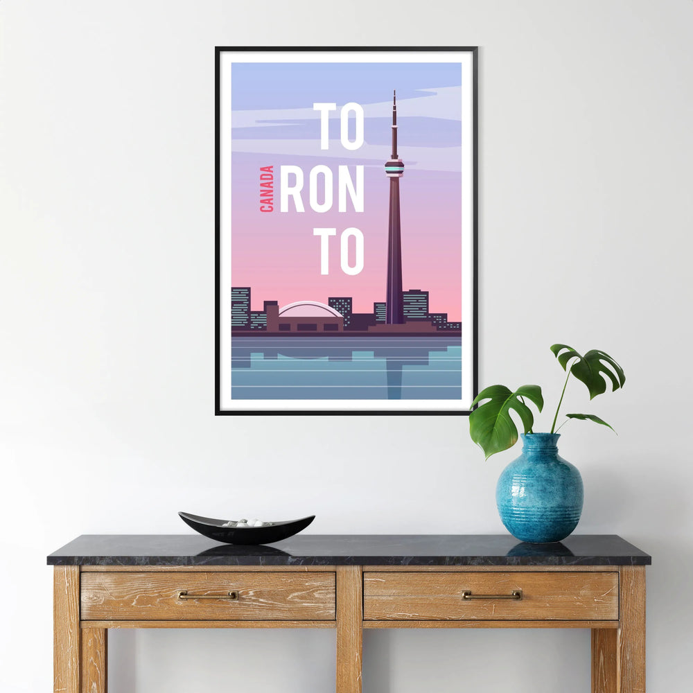 Illustration of Toronto skyline with purple and blue hues