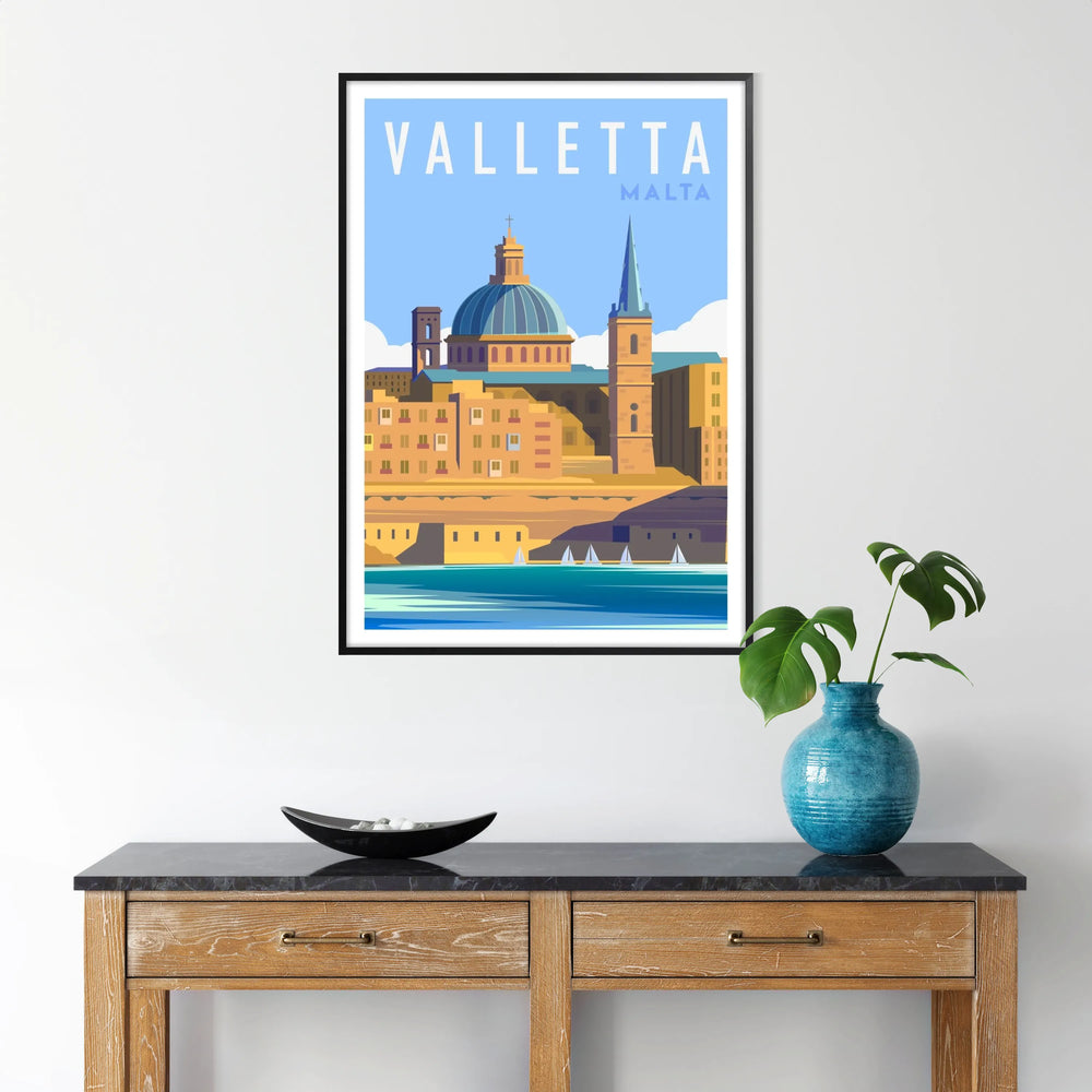 Illustration of Valletta, Malta, featuring green and blue tones in a travel poster style