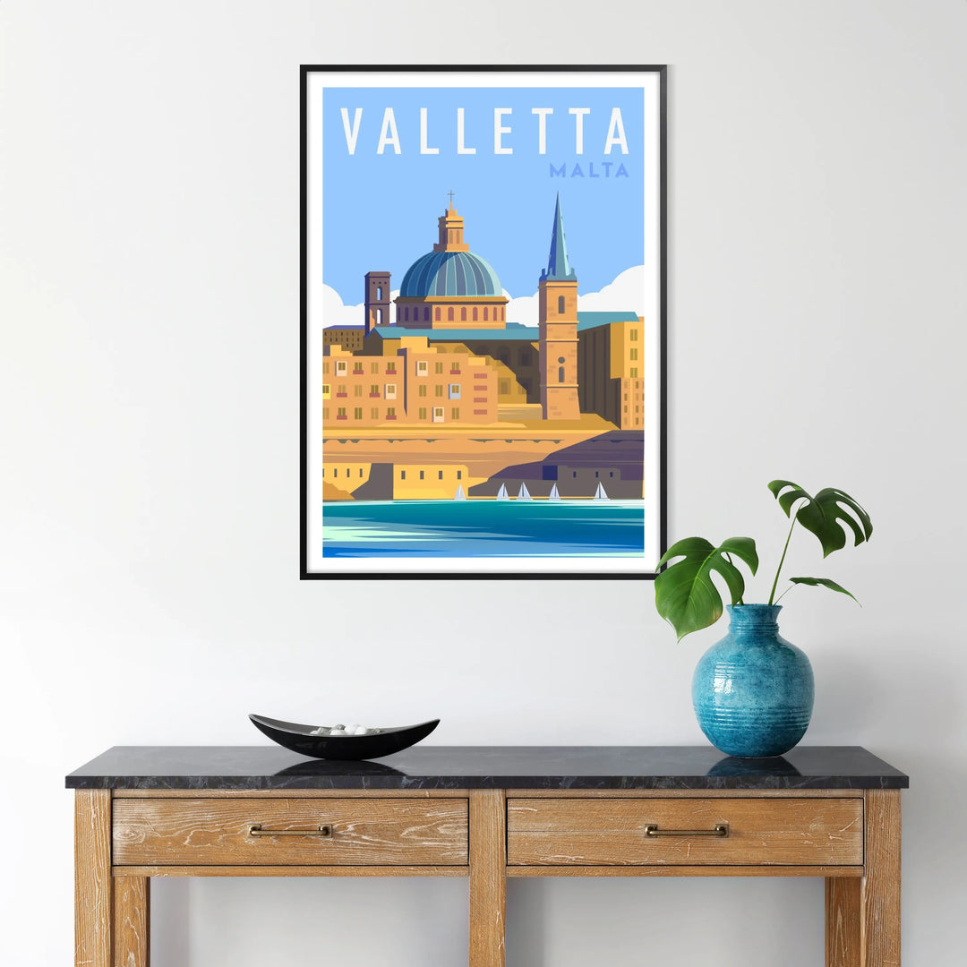 Illustration of Valletta, Malta, featuring green and blue tones in a travel poster style - in a black frame