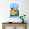 Illustration of Valletta, Malta, featuring green and blue tones in a travel poster style - in a black frame