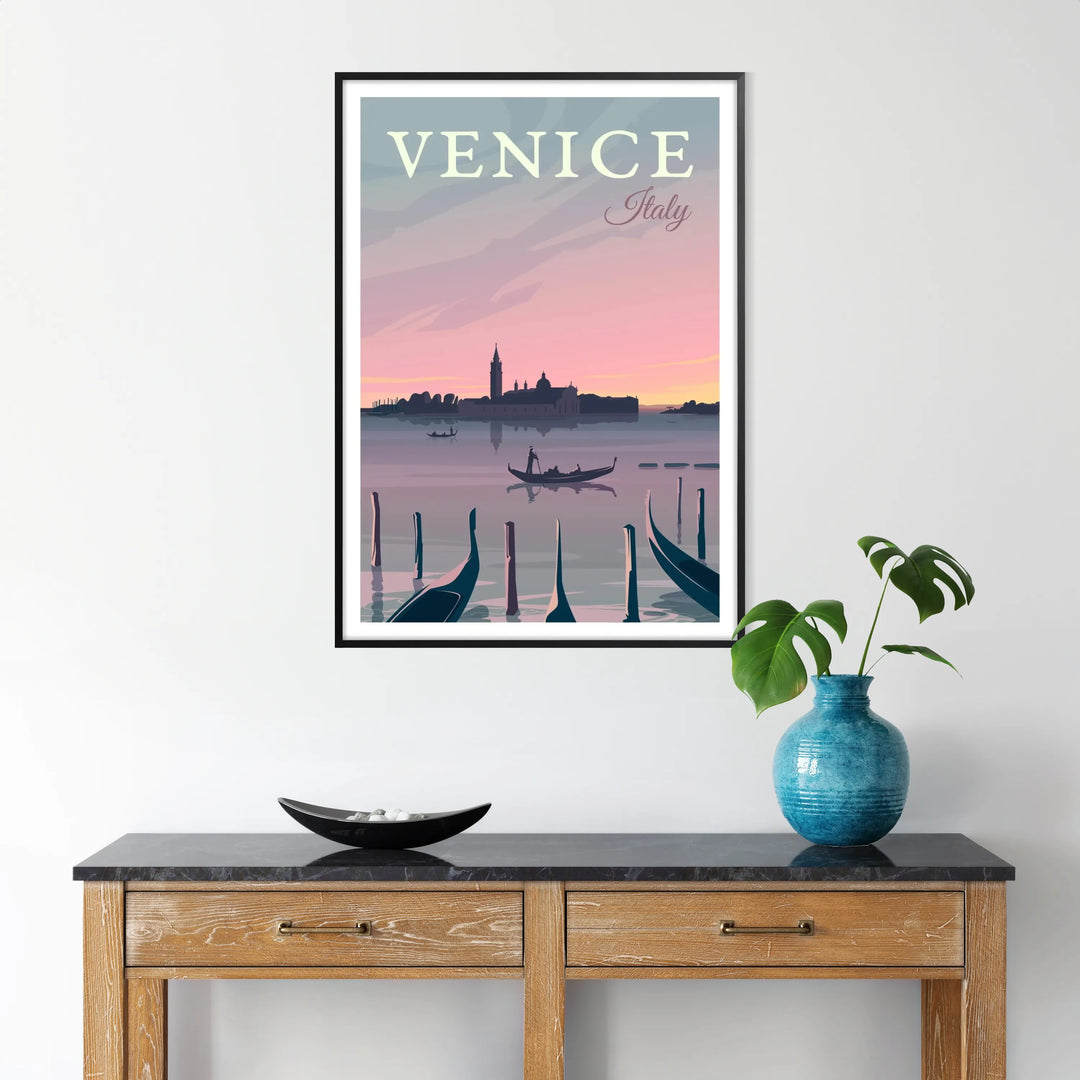 Vintage travel poster featuring Venice's canals in green and blue hues - in a black frame