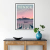 Vintage travel poster featuring Venice's canals in green and blue hues - in a black frame