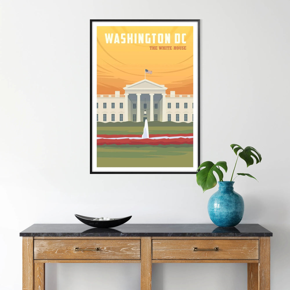 Illustration of the White House in Washington, D.C. with gray tones