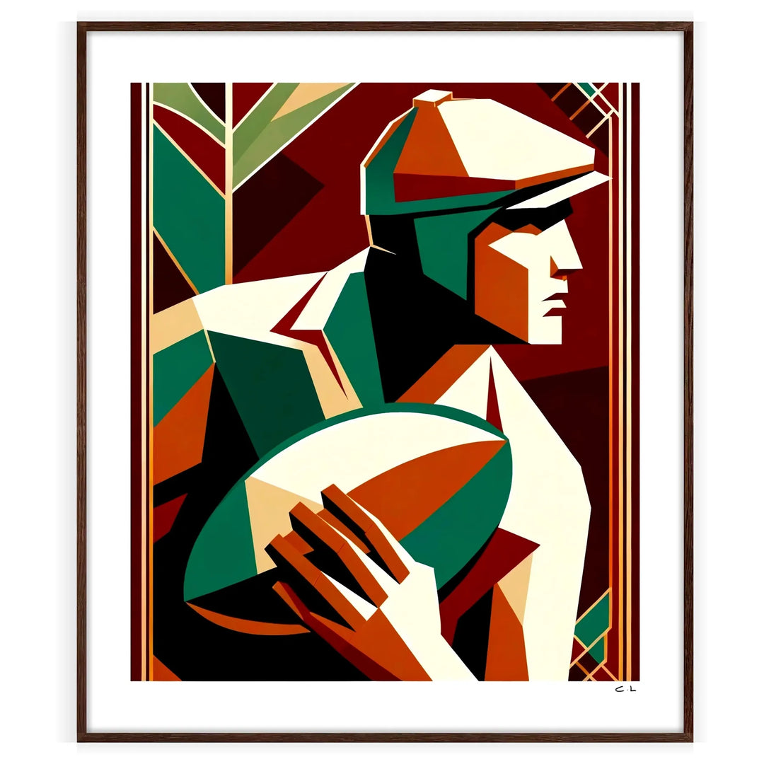 vintage rugby poster featuring dynamic players in action - in a walnut frame