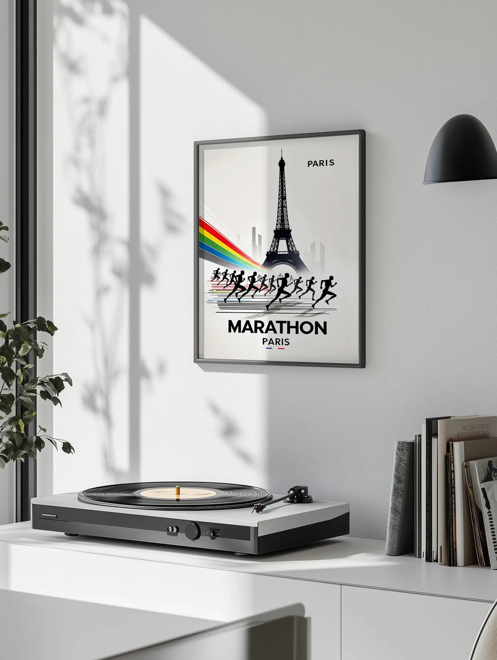 Stylized illustration of marathon runners against the Paris skyline