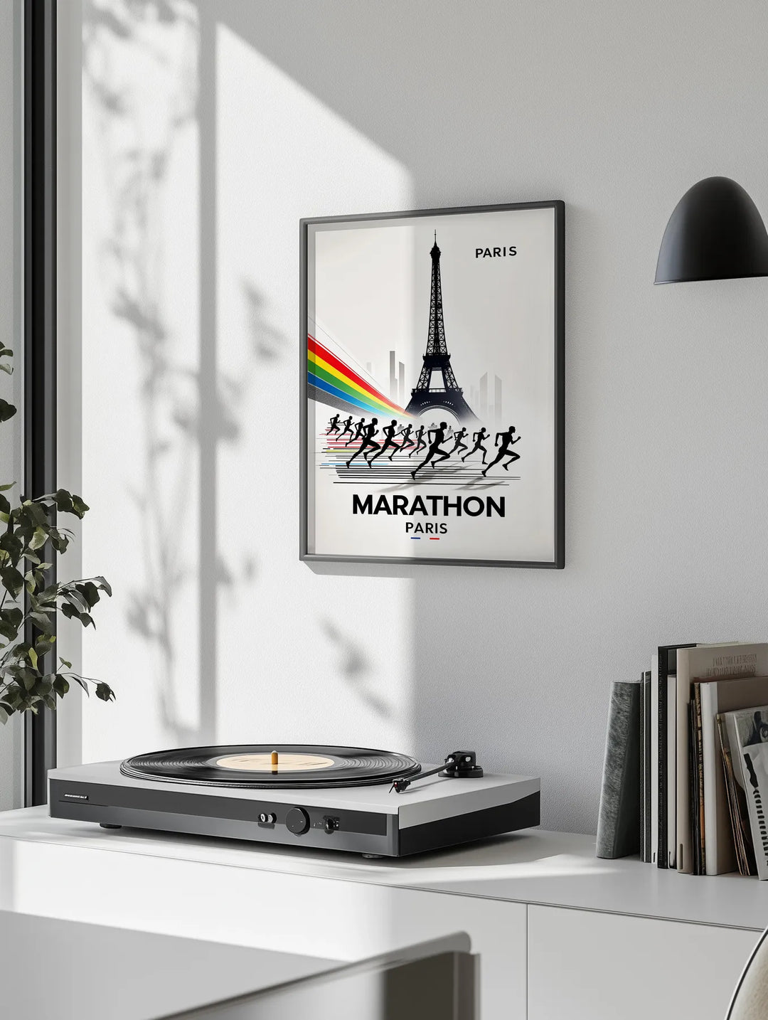 Stylized illustration of marathon runners against the Paris skyline