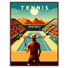 Action-packed tennis match at Indian Wells, featuring players in motion with a blue court. - in a walnut frame