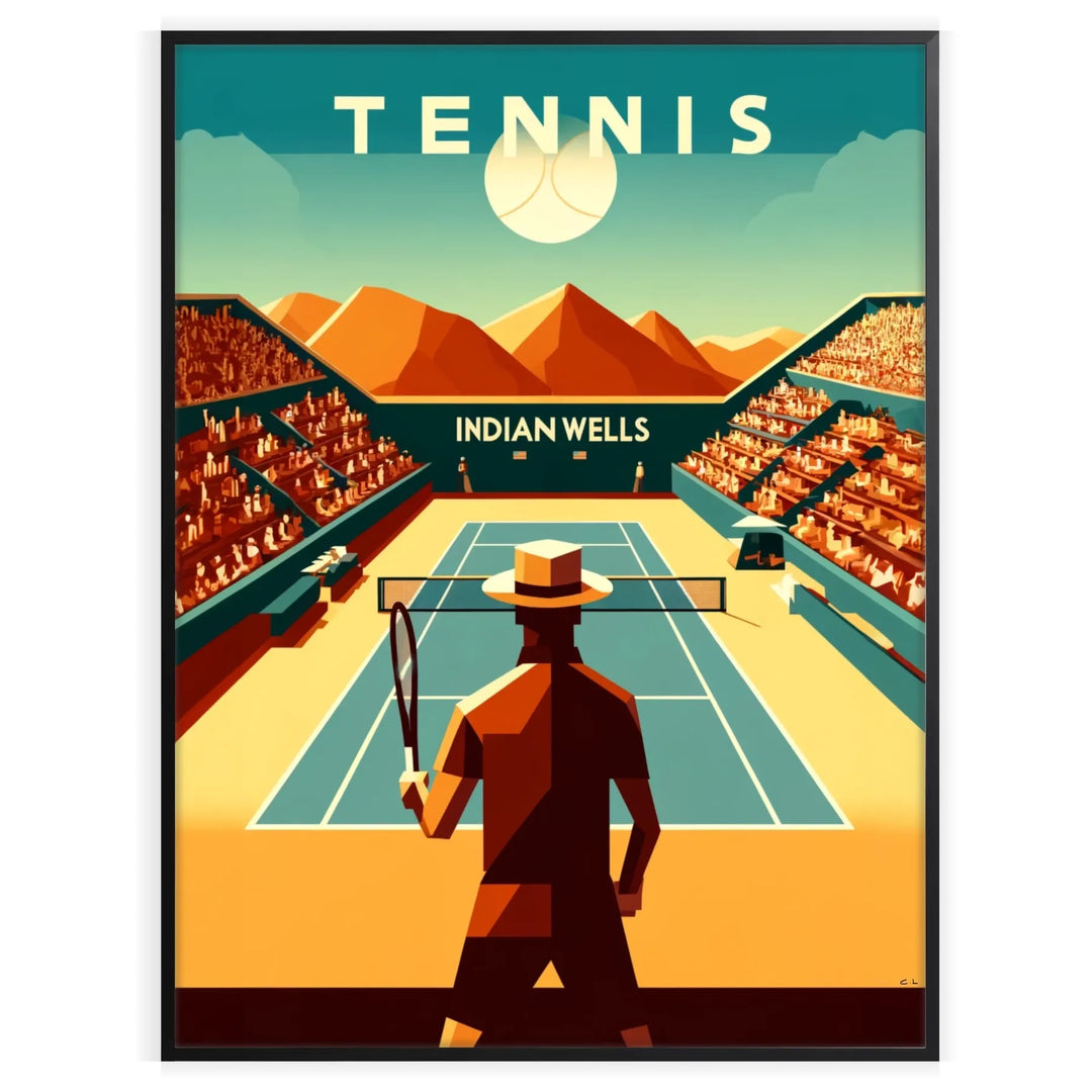 Action-packed tennis match at Indian Wells, featuring players in motion with a blue court.