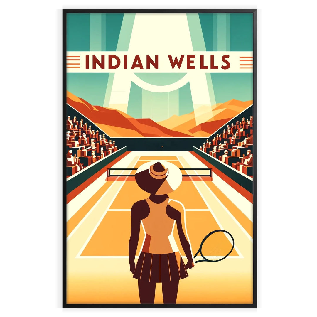 Retro illustration of a female tennis player at Indian Wells, featuring pastel colors