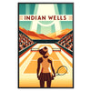 Retro illustration of a female tennis player at Indian Wells, featuring pastel colors - in a black frame