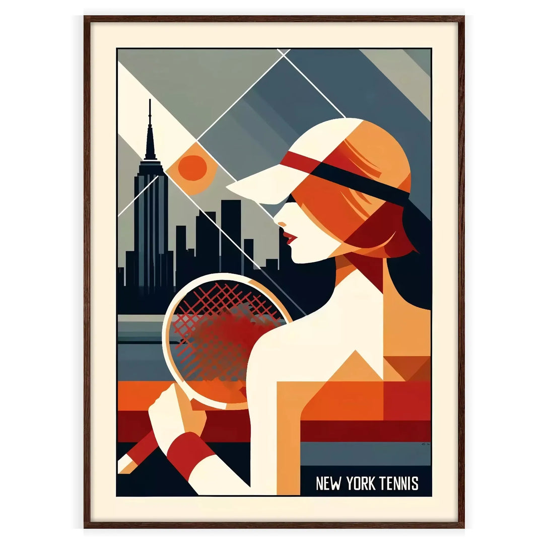 A woman playing tennis in New York, featuring dynamic movement and bright colors - in a walnut frame