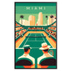 Colorful illustration of tennis players with Miami skyline in the background - in a black frame