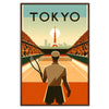 Retro illustration of tennis players in Tokyo with bold colors - in a walnut frame