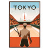 Ilustración Art Deco de jugadores de tenis en Tokio - en un marco de nogal