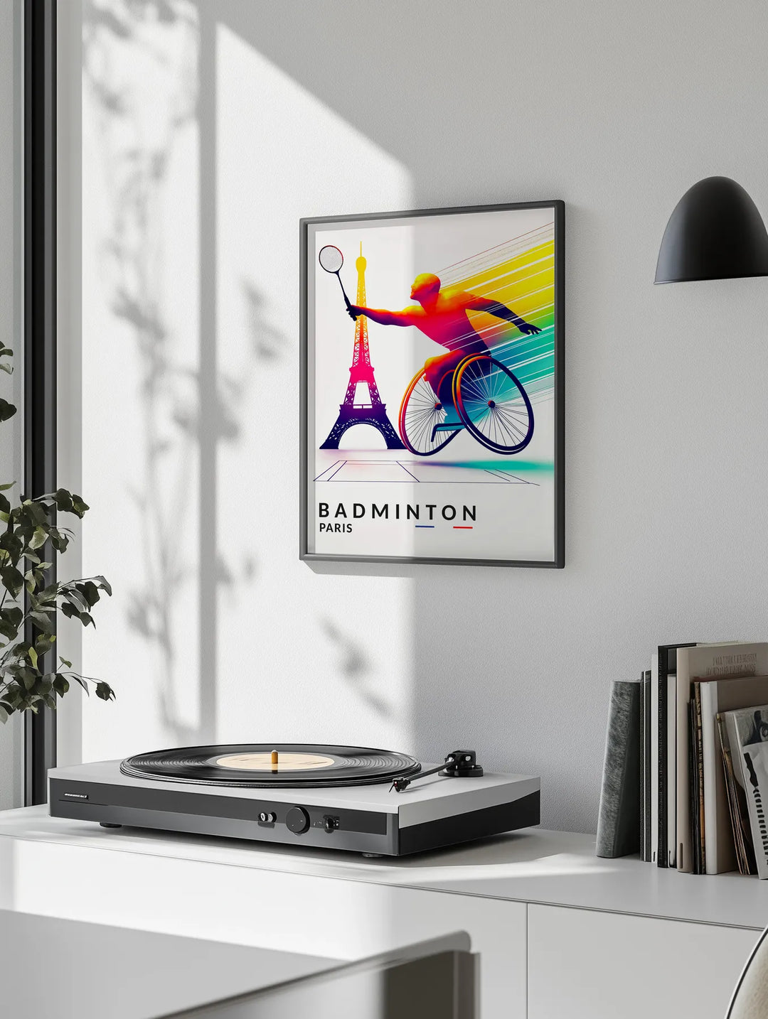 Στυλιζαρισμένη απεικόνιση παίκτη Para Badminton σε κίνηση, δυναμικά χρώματα