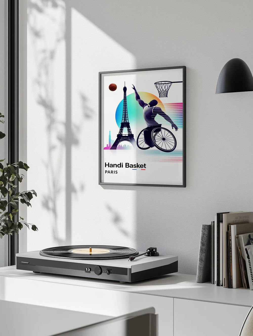 Poster showing dynamic wheelchair basketball players in Paris, graphic sports illustration.