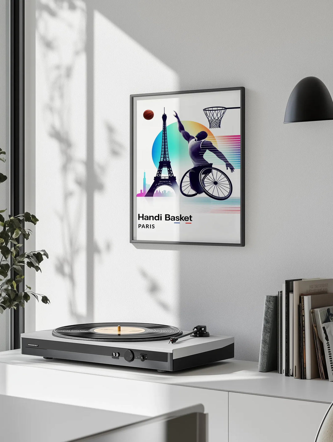 Poster showing dynamic wheelchair basketball players in Paris, graphic sports illustration.