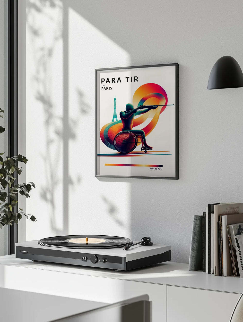 Poster of a Paralympic shooter in stylized Paris graphic, minimalist design
