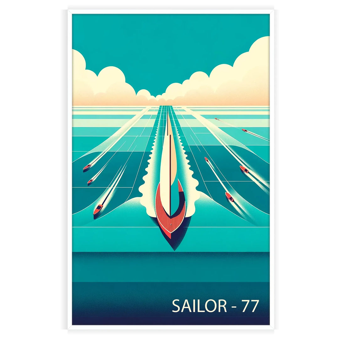 A serene ocean scene featuring sailboats under a blue sky with orange hues. - in a white frame