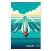 A serene ocean scene featuring sailboats under a blue sky with orange hues. - in a white frame