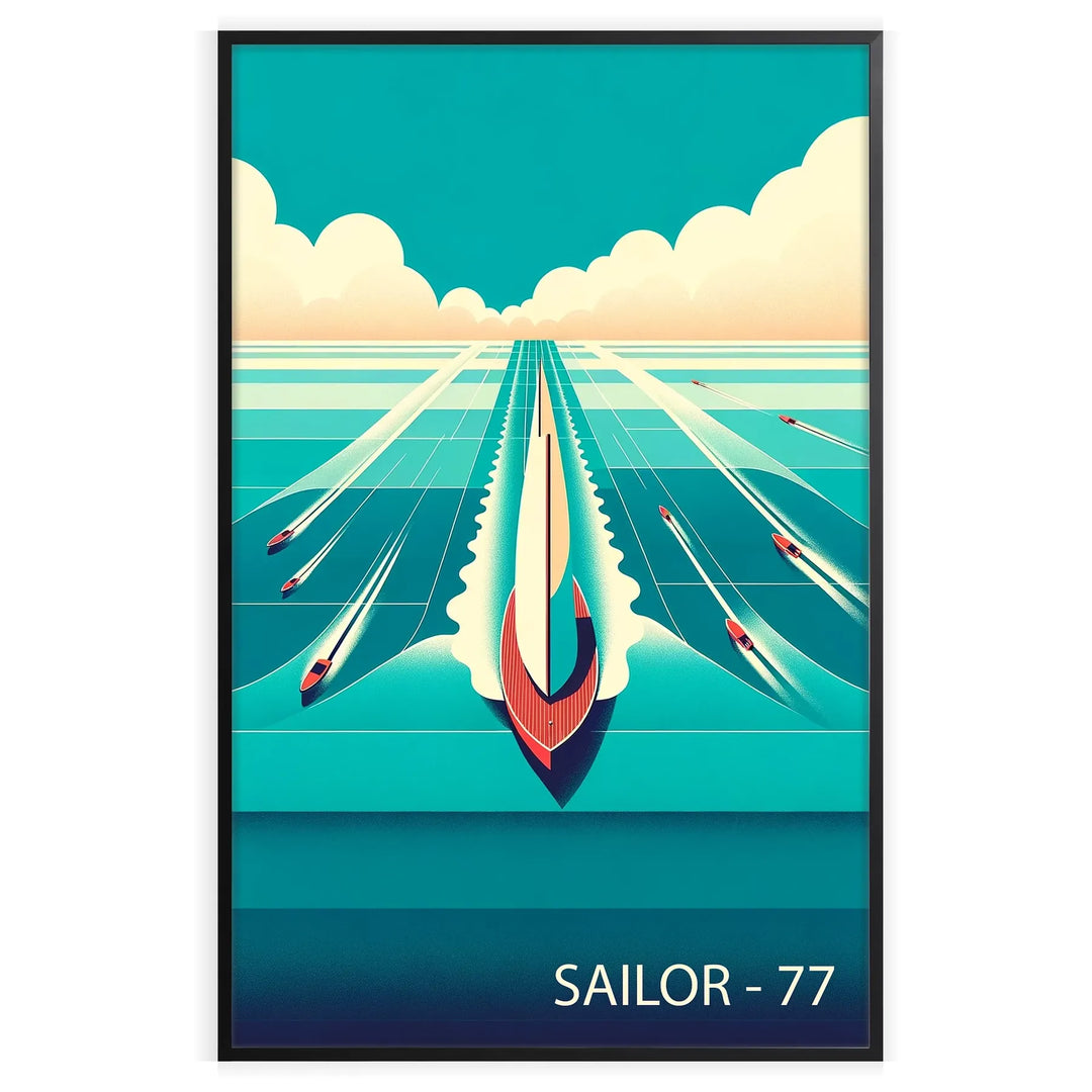 A serene ocean scene featuring sailboats under a blue sky with orange hues.