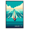 A serene ocean scene featuring sailboats under a blue sky with orange hues. - in a black frame