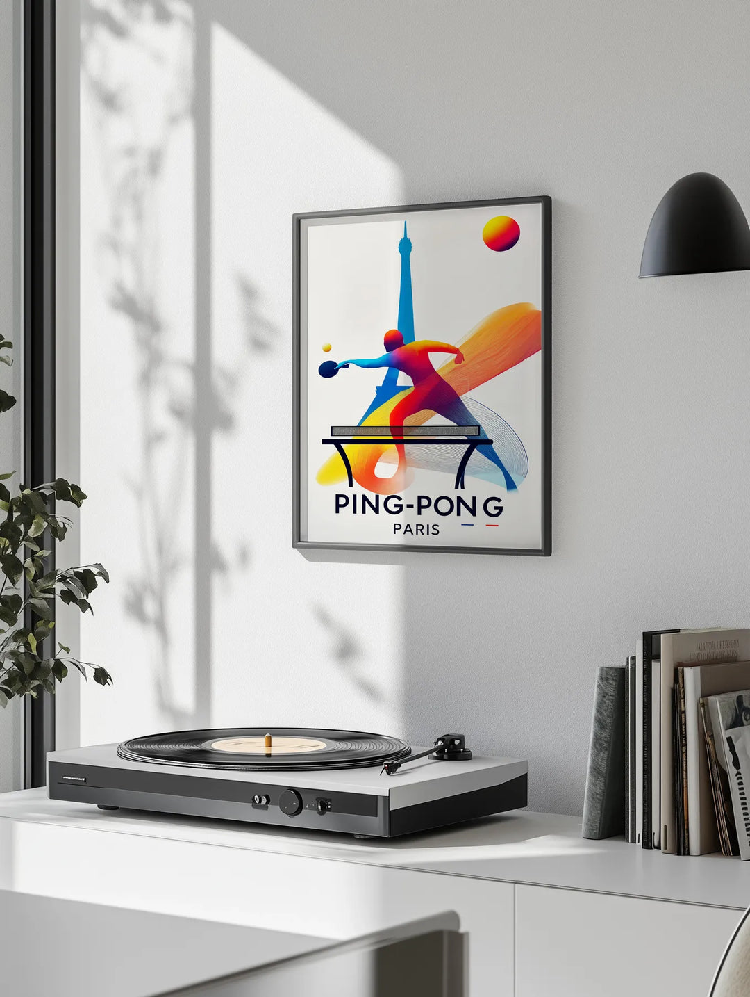 Minimalist design featuring a ping pong paddle and Eiffel Tower silhouette