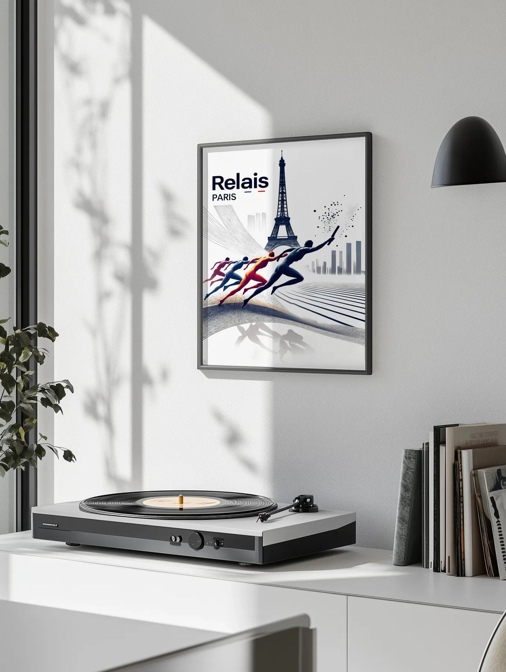 Minimalist illustration of the Paris Olympic relay with dynamic figures