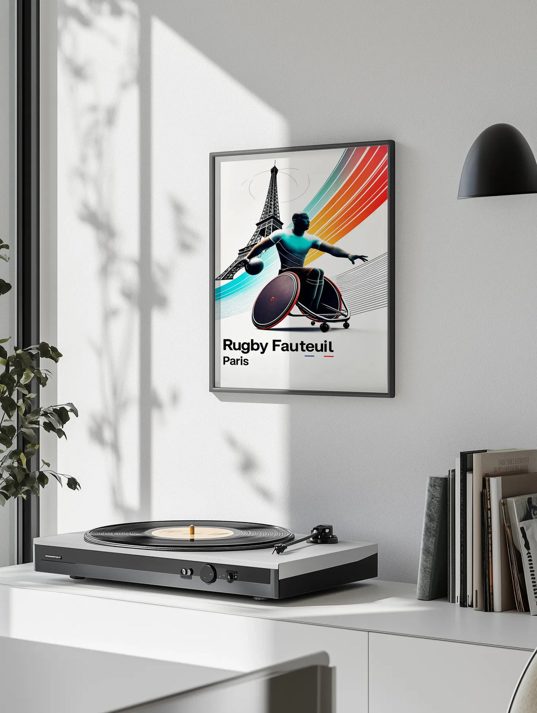 Poster of dynamic wheelchair rugby action in bold graphic illustration style