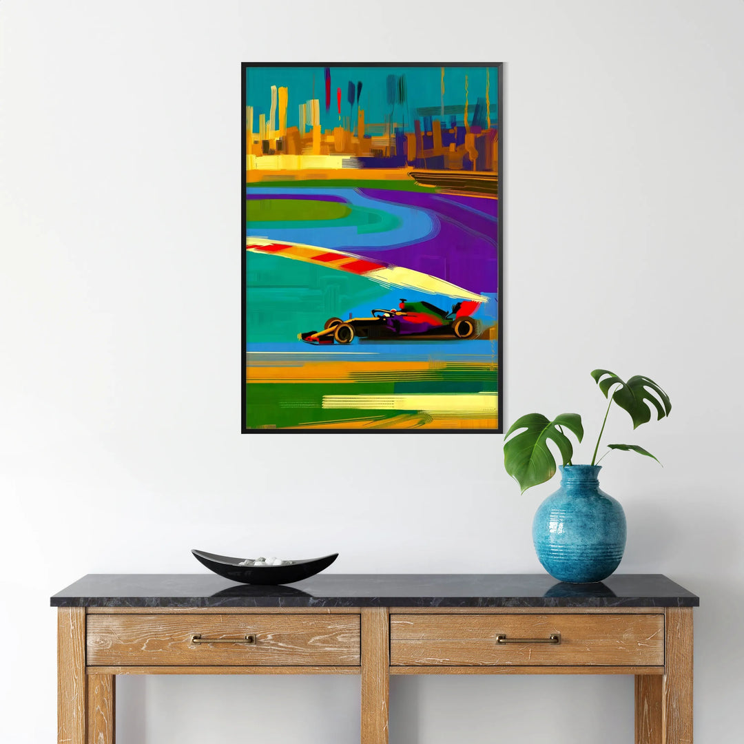 Dynamic Formula 1 car in motion with orange and purple colors - in a black frame