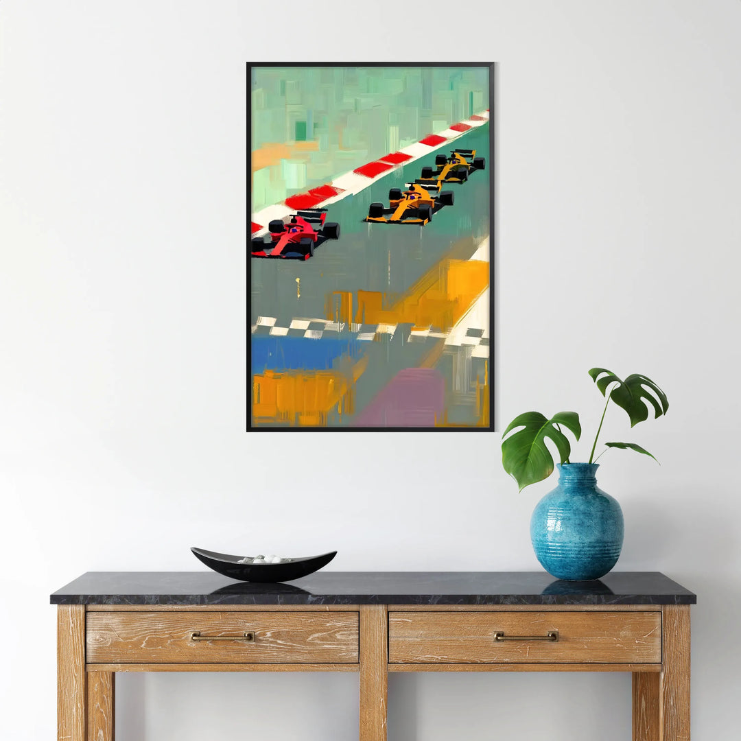 Dynamic Formula 1 car racing on a track with red and white accents - in a black frame