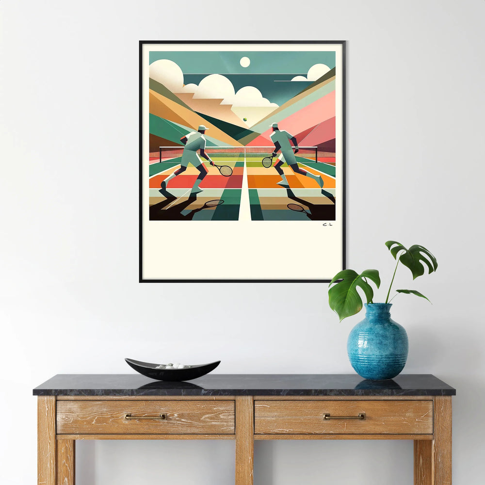Art Deco style tennis player in action with bold colors