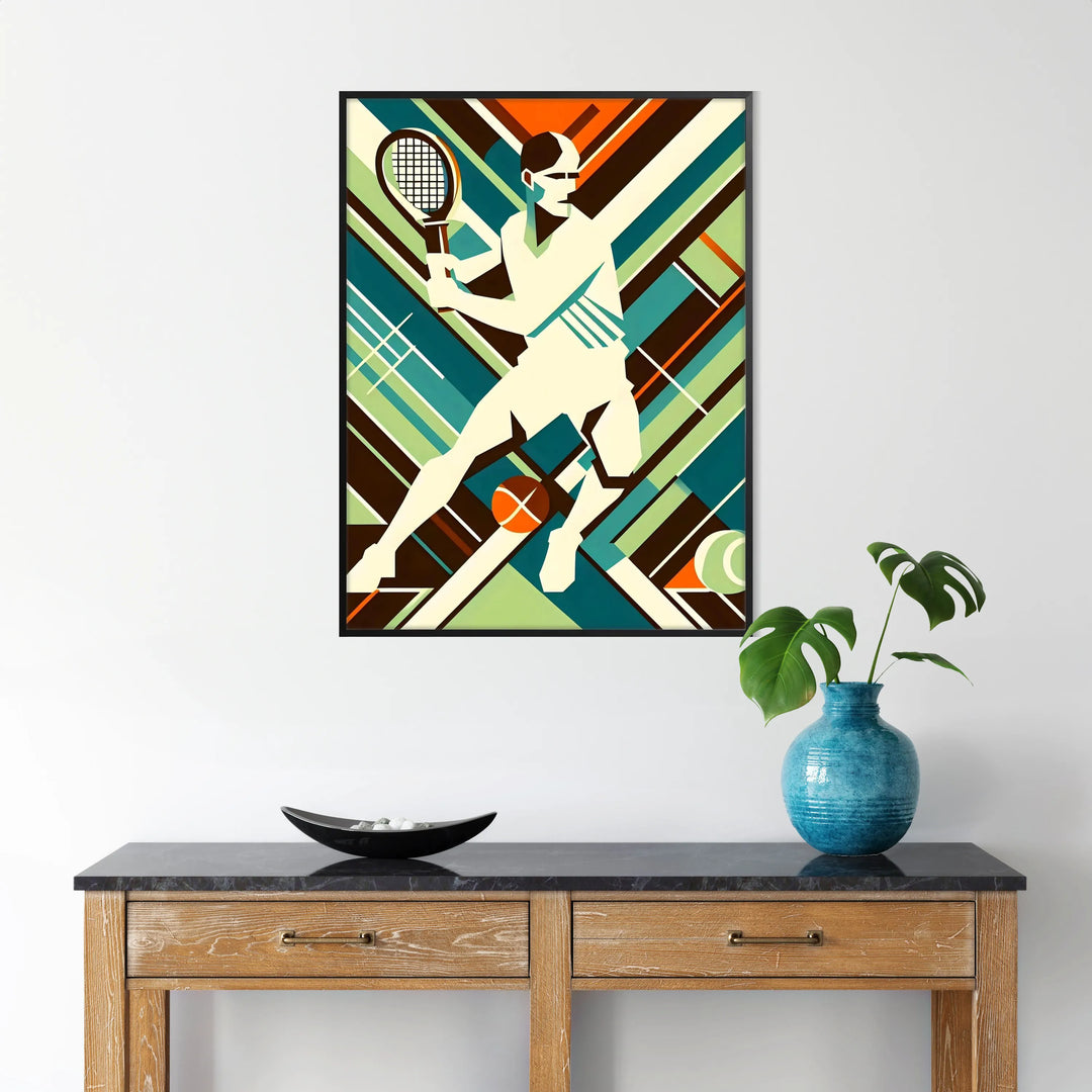 Retro tennisillustration med spelare i aktion och starka färger - i en svart ram