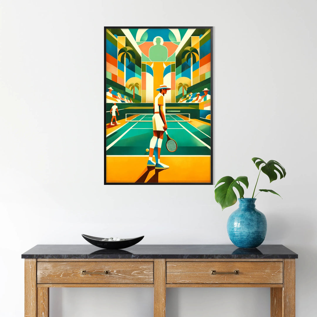 Art Deco style tennis player in action with muted colors - in a black frame