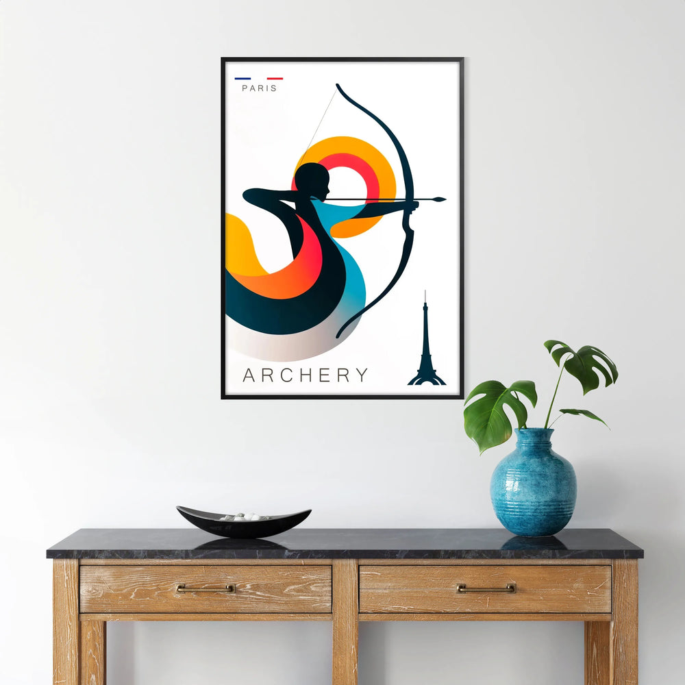 Paris-themed archery poster with minimalist archer silhouette and bold composition