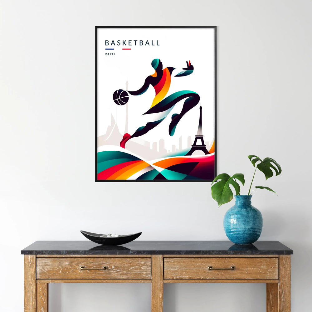 Poster showing stylized basketball artwork with Paris skyline, modern graphic print