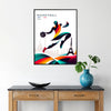 Poster showing stylized basketball artwork with Paris skyline, modern graphic print - in a black frame