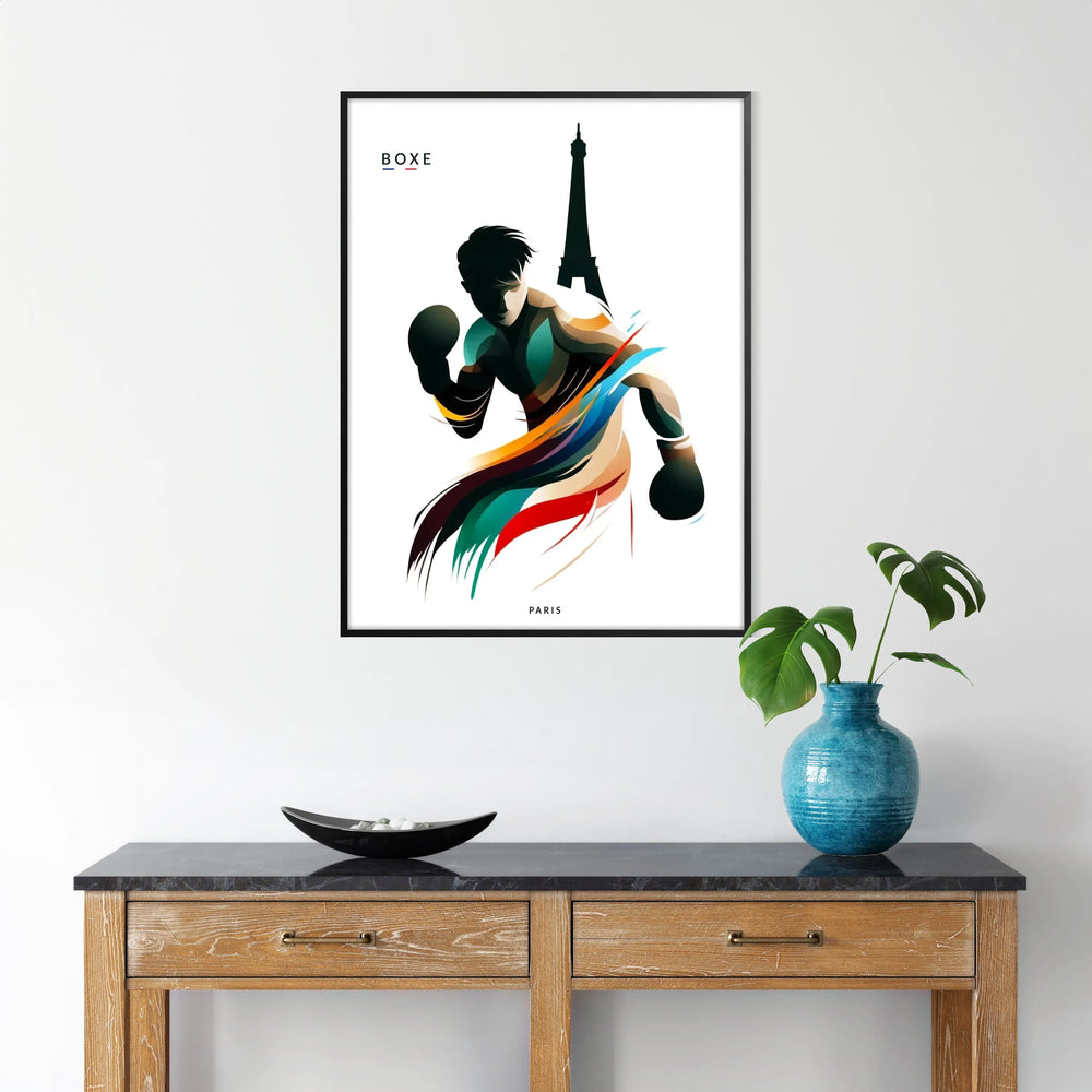 Boxer in action during the Paris Olympics with a dynamic background